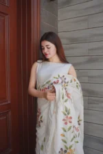 White Rawsilk Saree Stitched