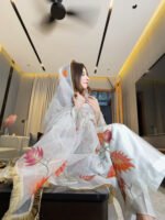 White  Autumn Whisper — Hand-Painted & Hand-Embroidered Sheesha Silk 3-Piece with Kiran Lace Dupatta & Matching Potli Unstitched - Image 6