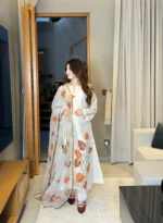 White  Autumn Whisper — Hand-Painted & Hand-Embroidered Sheesha Silk 3-Piece with Kiran Lace Dupatta & Matching Potli Unstitched - Image 11