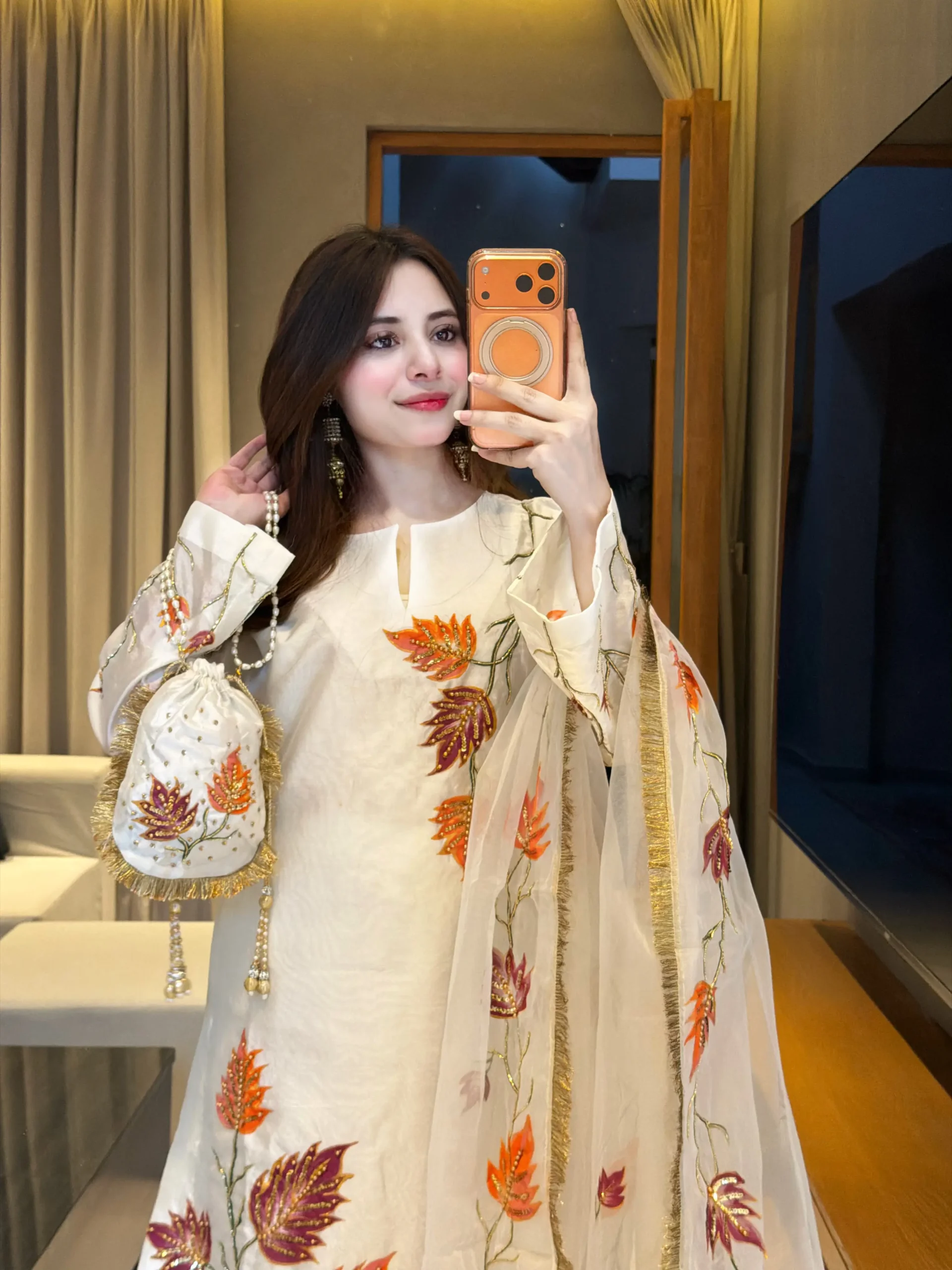 IMG_1943 White Autumn Whisper — Hand-Painted & Hand-Embroidered Sheesha Silk 3-Piece with Kiran Lace Dupatta & Matching Potli Unstitched - Image 1