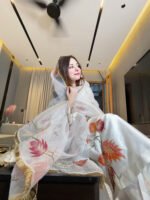 White  Autumn Whisper — Hand-Painted & Hand-Embroidered Sheesha Silk 3-Piece with Kiran Lace Dupatta & Matching Potli Unstitched - Image 4