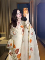 White  Autumn Whisper — Hand-Painted & Hand-Embroidered Sheesha Silk 3-Piece with Kiran Lace Dupatta & Matching Potli Unstitched - Image 14