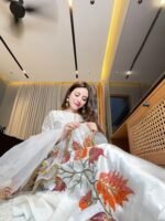 White  Autumn Whisper — Hand-Painted & Hand-Embroidered Sheesha Silk 3-Piece with Kiran Lace Dupatta & Matching Potli Unstitched - Image 3