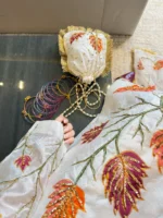 White  Autumn Whisper — Hand-Painted & Hand-Embroidered Sheesha Silk 3-Piece with Kiran Lace Dupatta & Matching Potli Unstitched - Image 15