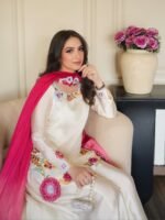 Ivory Embroidered Silk Ensemble with Fuchsia Dupatta Unstitched - Image 4