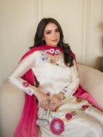 Ivory Embroidered Silk Ensemble with Fuchsia Dupatta Unstitched - Image 3