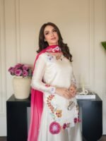 Ivory Embroidered Silk Ensemble with Fuchsia Dupatta Unstitched - Image 2